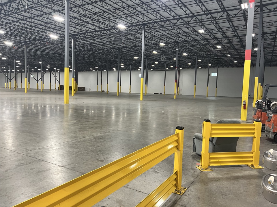Warehouse interior with painted walls and columns